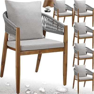 tectake® Set van 6 Tuinstoelen Manacor - Houten Tuinstoel in Rope-Design - Balkonset - Weerbestendige Buitenstoel van Gelakt Acaciahout - Grijs/Beige - 59 x 58 x 76,5 cm - Stoelen voor Tuin, Balkon, Terras