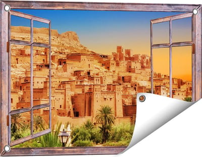 Gards Tuinposter Doorkijk Kasbah Ait Ben Haddou Stad in Marokko - 60x40 cm - Tuindoek - Tuindecoratie - Wanddecoratie buiten - Tuinschilderij