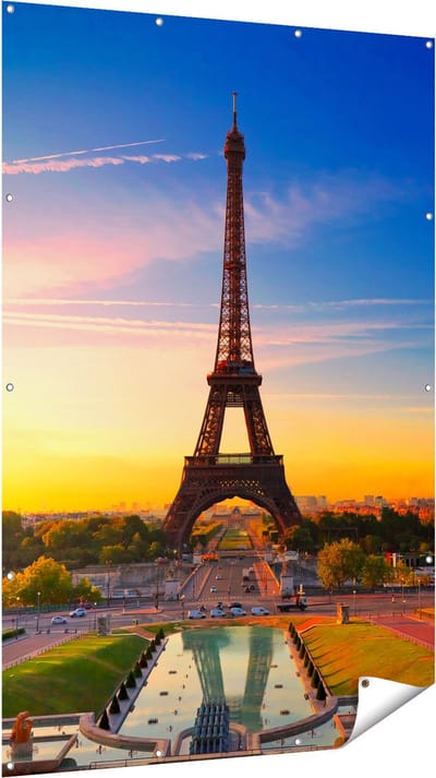 Gards Tuinposter Parijs Eiffeltoren tijdens de Zonsopkomst - 120x180 cm - Tuindoek - Tuindecoratie - Wanddecoratie buiten - Tuinschilderij
