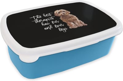 Broodtrommel Blauw - Lunchbox - Brooddoos - Honden - The best therapist has fur and four legs - Spreuken - Quotes - 18x12x6 cm - Kinderen - Jongen