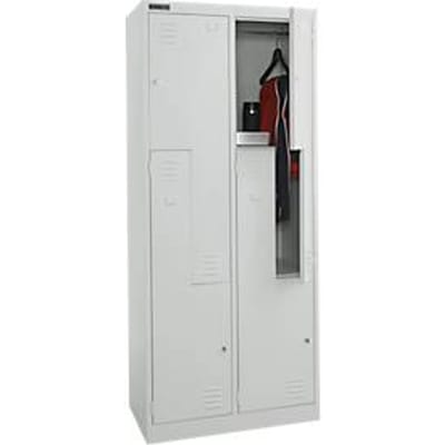 Schäfer Shop Select Garderobekast, 4 vakken met hoedenplank & kledingroede alsmede 4 vakken, Z-deuren, cilinderslot, met sokkel, B 800 x D 450 x H 1850 mm, gepoedercoat staal, lichtgrijs/lichtgrijs
