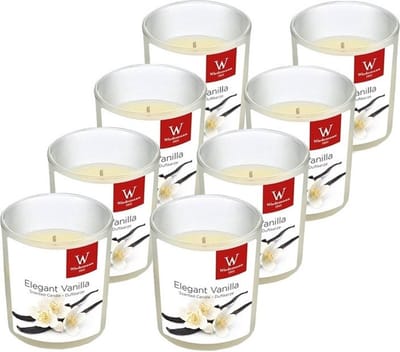 Trend Candles Geurkaars - 8x - in glas - Vanille aroma - 25 branduren - 7 x 8 cm - woondecoratie - kaarsen