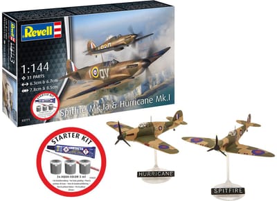 Revell Modelbouwpakket Vliegtuigen - 73771 Spitfire Mk.1a - Hurricane Mk.1 - WWII Britse Propellervliegtuigen - Starter Kit Plastic - 1:144 - Modelbouw
