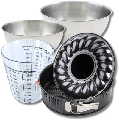Bakkersset met springvorm en savarinvorm 26 cm, 2 mengkommen, maatbeker en spatel Zenker