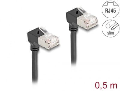 Delock RJ45 Network Cable Cat.6A S/FTP Slim 90° downwards / downwards angled 0.5 m black