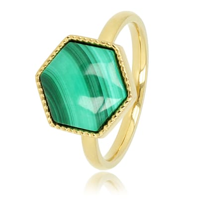 My Bendel - Ring Goudkleurig met Zeshoek Malachite Edelsteen - Goudkleurige Ring - Zeshoek Design - Malachite Edelsteen - met Luxe Cadeauverpakking | Sieraden Voor Dames | Maat 16.00 Mm / Maat 50