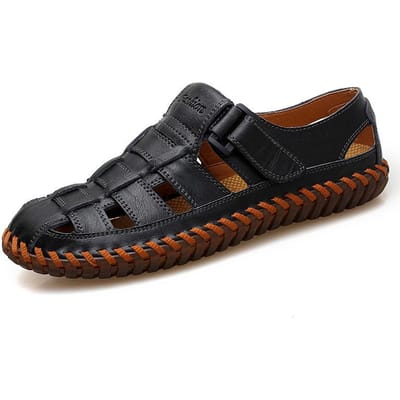 Zomer Heren Sandalen Grote Maten Uitgehold Leer Gesloten Teen Casual Leren Sandalen Ademend Koeienhuid Strand Heren 43 black