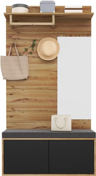 Halkasten - 100x190x38 cm - Kompaktgarderobe Met Spiegel En Polsterkissen, Flurschrank, Wohnwand, Regal, Schuhschrank - Hout - Natuurlijk
