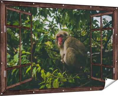 Gards Tuinposter Doorkijk Aap in de Boom tussen de Bladeren - 180x120 cm - Tuindoek - Tuindecoratie - Wanddecoratie buiten - Tuinschilderij