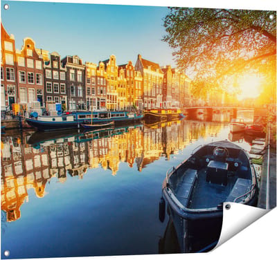 Gards Tuinposter Amsterdamse Gracht bij Zonsondergang - 100x80 cm - Tuindoek - Tuindecoratie - Wanddecoratie buiten - Tuinschilderij