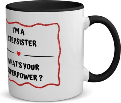 Akyol - i'm a stepsister what's your superpower? koffiemok - theemok - zwart - Zus - super stiefzus - verjaardag - cadeautje voor zus - zus artikelen - kado - geschenk - 350 ML inhoud