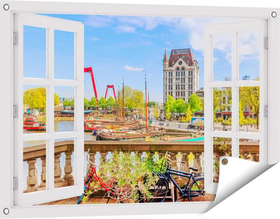 Gards Tuinposter Doorkijk Kleurrijke Oude Haven in Rotterdam - 90x60 cm - Tuindoek - Tuindecoratie - Wanddecoratie buiten - Tuinschilderij