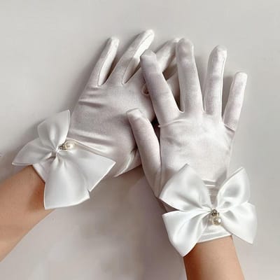 Gants courts élégants pour femme, vintage, satin blanc et noir, perle, nœud, Cosplay, Princesse, Mariage, Cérémonie, Gants à doigts fendus One Size gray