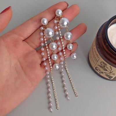 Lange Hangende Oorbellen voor Vrouwen Mode Vol Kristal Gesimuleerde Parel Kwastje Drop Oorbel Vintage Gouden Kleur Brincos Sieraden brown