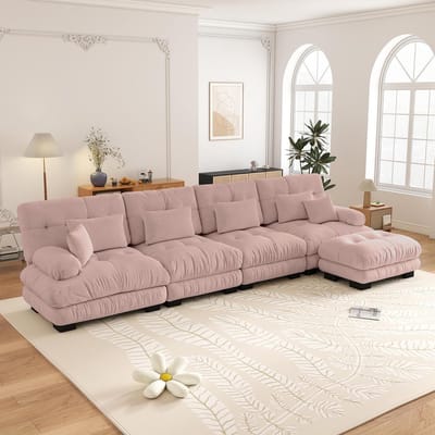 4-Zits Bank, L-Bank, Modulaire Hoekbank, L-vormige Bankstel voor de Woonkamer, Comfortabele 4-zitsbank met Verplaatsbare Poef, Doe-het-zelf Combinatie, Chenille-Roze