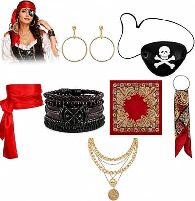 Vrouwelijk Piraten Kostuumset van 7 Stukken - Inclusief Ooglapje, Oorbellen, Ketting, Armband, Hoofddoek en Riem - Perfect voor Carnaval, Halloween en Cosplay
