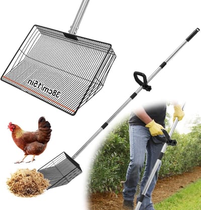 Grote 38 cm mestschep met 137 cm lange steel voor kippenhok, ideaal voor het scheiden van mest, zand en afval in de kippenren
