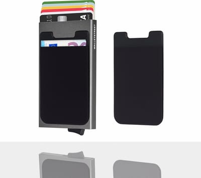 Walletstreet Uitschuifbare Pasjeshouder Slim-Fit Collection Aluminium Creditcardholder/Card Protector Anti-Skim/ RFID 7 Pasjes Met Plakwallet – Voor Mannen & Vrouwen -Kerstcadeau Ideale Geschenk- Grijs/Gray