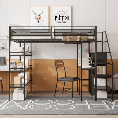 KOMHTOM Kinderbed Hoogslaper bed 140 x 200 cm met drielaagse plank bureau kledingkast veiligheidstrap opbergruimte hoog hekwerk ijzeren Zwart
