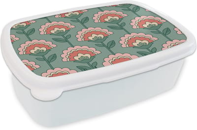 Broodtrommel Wit - Lunchbox Bloemen - Retro - Patronen - Brooddoos 18x12x6 cm - Brood lunch box - Broodtrommels voor kinderen en volwassenen