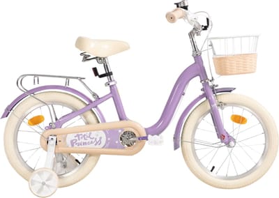 Kinderfiets – Voor kinderen van 3-10 jaar – Met zijwieltjes, fietsmandje en bagagerek – Paars, 41 cm