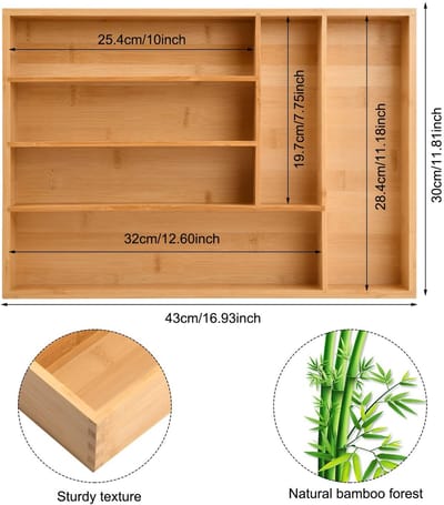 Dailygoods- Besteklade Organizer - Houten Bestekbak - Uitschuifbaar - 6 Compartimenten - 43x30x6 cm - Duurzaam Bamboe Materiaal - Bestekorganizer