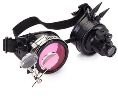KIMU® Goggles Steampunk Bril Met Spikes, Vergrootglas En Led Lampje - Zwart Montuur - Roze Glas - Spacebril Space Festival