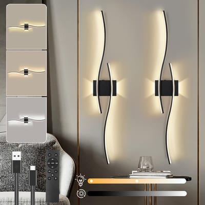 MUPOO Set van 2 Oplaadbare Wandlamp Binnen Zwart – Draadloze LED Muurlampen met Afstandsbediening – Dimbaar 3000K-6000K – USB-C – Wandlampen voor Woonkamer Slaapkamer Gang Trapverlichting