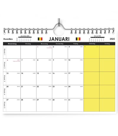 Huurdies® - Kalender 2025 - A4+ - 42x32cm - Belgische Feestdagen - Dagenteller - Weeknummers