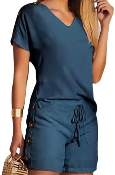 Moderne Zomer Outfit Dames - 2 delig - Korte Broek en Shirt - Knopen - Blauw