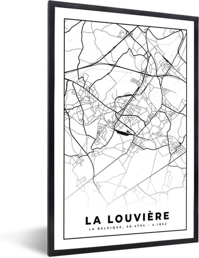 Fotolijst incl. Poster Zwart Wit- België – La Louvière – Stadskaart – Kaart – Zwart Wit – Plattegrond - 40x60 cm - Posterlijst
