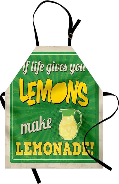 ABAKUHAUS Citaat-kookschort, Wijnoogst Pop-art reclameontwerp, Als het leven je citroenen geeft, maak limonade, kleurvast, in hoogte verstelbaar, wasbaar, heldere digitale afdruk, geel, groen en tan
