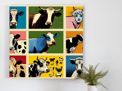 Pop art vee schilderij | 'Vee-licious Pop Art: A Moo-tastic Masterpiece of Modernity!' | Kunst - 40x40 centimeter op Canvas | Foto op Canvas