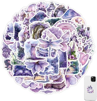 Dailygoods- Stickers 50 Stuks - Aesthetic Stickers - Waterdichte Stickers - Paars Bloemen/Butterfly - PVC Vinyl - Creatief Ontwerp - Decoratiestickers