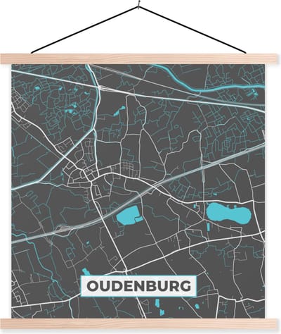 Posterhanger incl. Poster 40x40 cm - Schoolplaat - België – Oudenburg – Stadskaart – Kaart – Blauw – Plattegrond - Textielposter - Blanke latten - Stadskaart