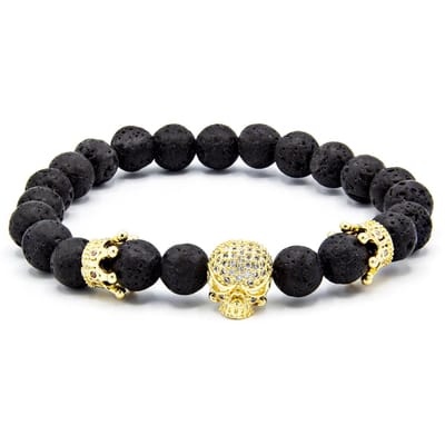 Victorious Natuurstenen Kralen Armband Heren – Gouden Schedel – Zwart – 18cm