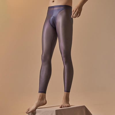 Leggings Transparents pour Hommes Collants Sexy Soyeux Extensibles Collants Brillant à l'Huile Transparents Amincissants Ultra-Fins Anti-Accroc Poche U Convexe Pantalon egg gray