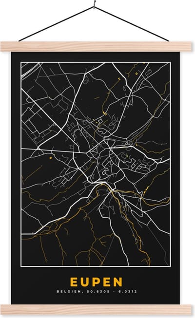Posterhanger incl. Poster 40x60 cm - Schoolplaat - Stadskaart - Eupen - Plattegrond - Kaart - Goud - Textielposter - Blanke latten - Stadskaart