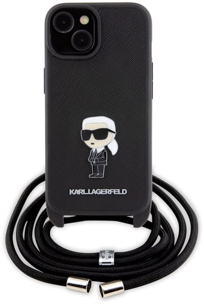 Karl Lagerfeld Back Cover - iPhone 15 & 14 Plus - Zwart - Saffiano - Crossbody Draagkoord