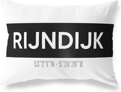 Tuinkussen RIJNDIJK - ZUID-HOLLAND met coördinaten - Buitenkussen - Bootkussen - Weerbestendig - Jouw Plaats - Studio216 - Modern - Zwart-Wit - 50x30cm