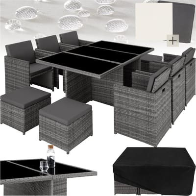 tectake® Loungemeubelset - Wicker tuinset - 6 stoelen, 4 krukken en 1 tafel - Tuinmeubelen voor balkon, tuin en terras - Inclusief beschermhoes en kussens - Met 2 kleuren hoezensets - Gemakkelijk te onderhouden - Glazen tafelblad - Grijs