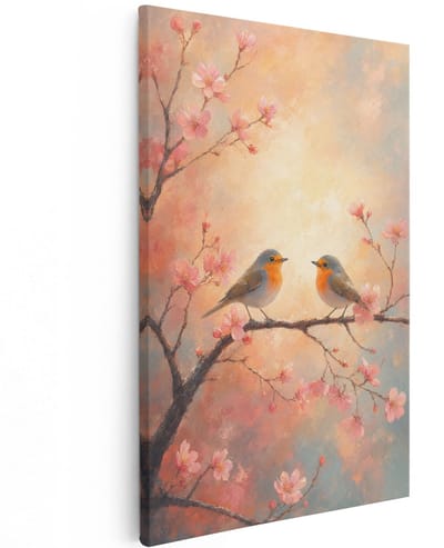 Artaza Canvas Schilderij Roodborstjes op Bloesemtak - Zachte Natuursfeer - 60x90 cm - Wanddecoratie Woonkamer - Schilderijen - Muurdecoratie