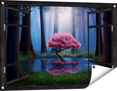 Gards Tuinposter Doorkijk Roze Boom op een Vijver in de Nacht - 90x60 cm - Tuindoek - Tuindecoratie - Wanddecoratie buiten - Tuinschilderij