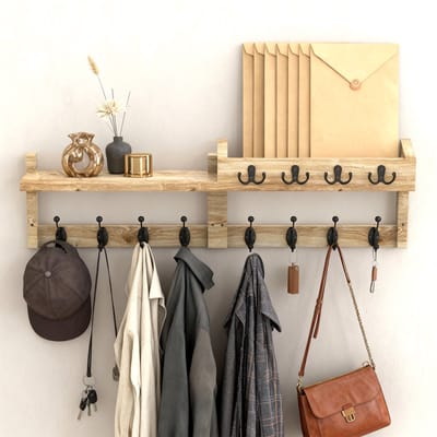 Soontrans Houten wandkapstok – kapstok met 8 kapstokhaken en 4 sleutelhaken, Wandgarderobes Met Plank, Set van 2 Wandrekken In één Pakket, Wandkapstok Minimalistisch Design Voor Slaapkamers en Gangen (Bruin)