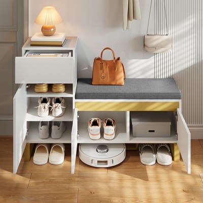 DESMIU Schoenenkast - Met Zitkussen En Lade - Modern Voor Hal En Entree - MDF - 120x35x85 Cm - Wit