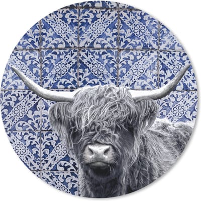 Muismat rond 20x20 cm - Mousepad Schotse hooglander - Delfts blauw - Zwart - Wit - Ronde muismatten