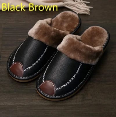 Mannen Slippers - Zwarte Winter PU Leren Slippers - Warme Waterdichte Handschoenen voor Binnen - Maat 42 - Comfortabele Antislip Slippers voor Thuis en Slaapkamer