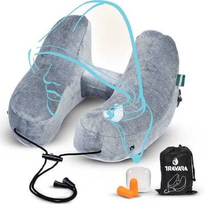 TRAVARA Opblaasbaar Nekkussen - The Airsnoozer - Reiskussen - Voor Vliegtuig en Auto - Met Oordoppen - Nek Kussen - Grijs