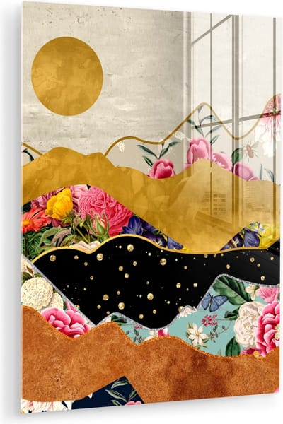 MuchoWow® Glasschilderij 120x160 cm - Schilderij acrylglas - Goud - Bloemen - Print - Abstract - Landschap - Patronen - Foto op glas - Muurdecoratie woonkamer - Wanddecoratie slaapkamer - Schilderijen