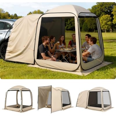 VEVOR Campingtent, 182,88 x 182,88 cm, pop-up tent voor de achterklep van een SUV, draagbare partytent voor 4-6 personen met draagtas, zijwanden van gaas, voor kamperen, tuinieren en buitenactiviteiten, beige